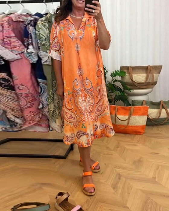 Retro Lapel Print Dress