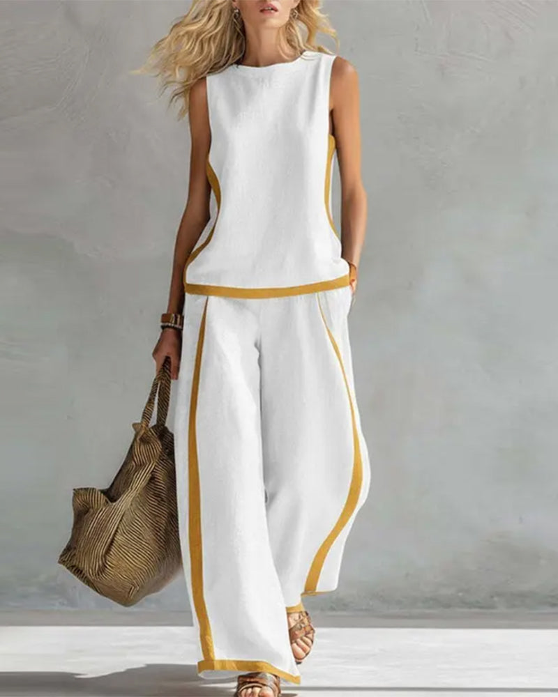 Sleeveless Casual Color-Blocked Two-Piece Set