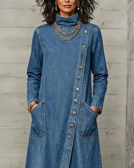High Collar Button Pocket Dress