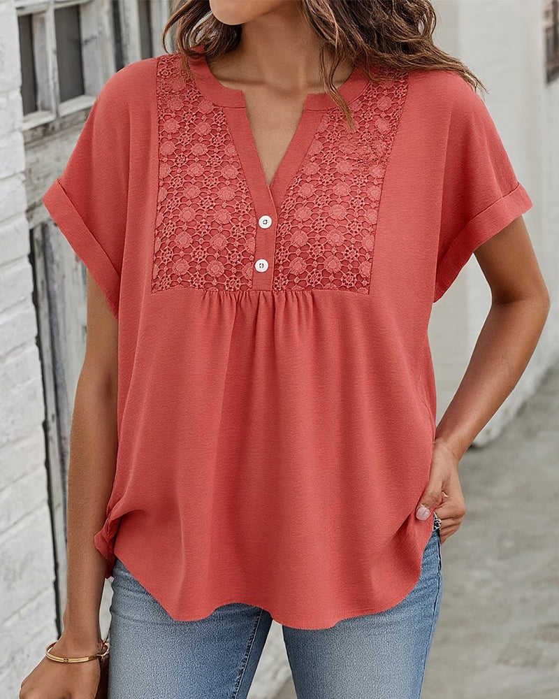 Lace Panel V-Neck Short Sleeve Blouse