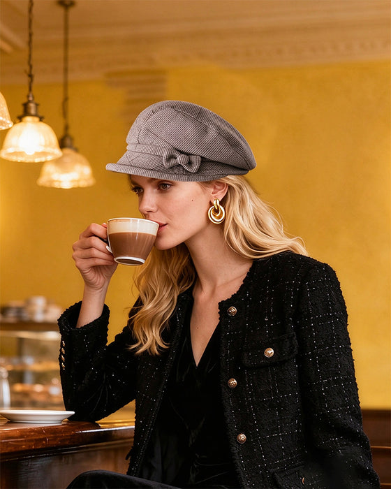 Women's Elegant Plaid Pattern Bow Decor Beret