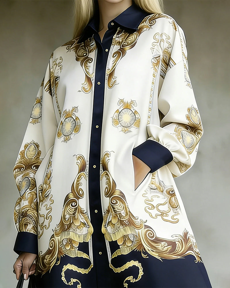 Lantern Sleeve Printed Lapel Shirt Dress