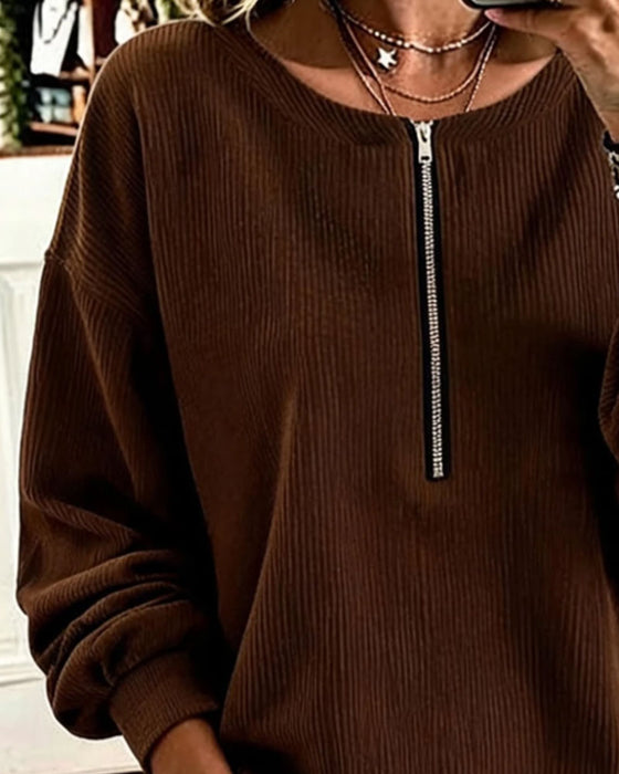 Crew Neck Zip Striped Drop Shoulder Sweatshirt