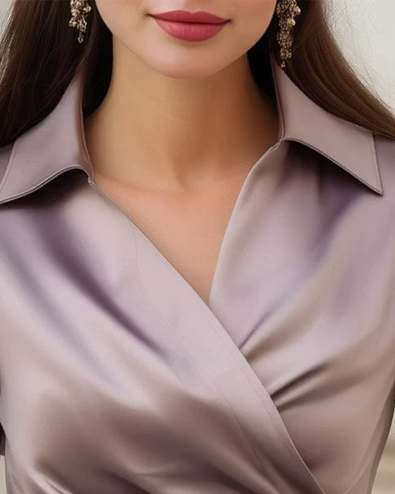 Lapel Wrap Shirred Waist Long Sleeve Top