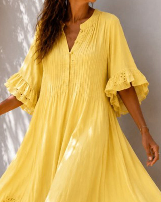 V-Neck Ruffle Shirred Dress