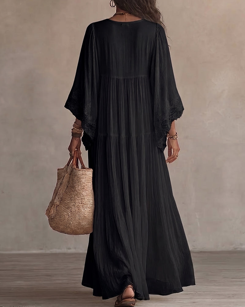 V-Neck Lace Patchwork Solid Color Dress