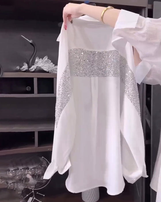 Lapel Sequin Long-Sleeved Shirt