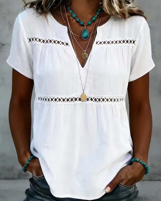 V-Neck Hollow Out Solid Blouse