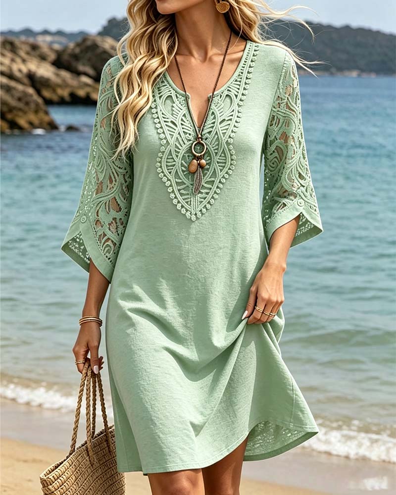V-Neck Lace Solid Color Dress