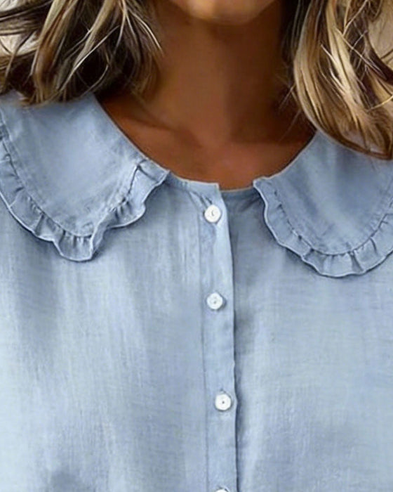 Peter Pan Collar Cotton Linen Ruffled Button-Front Shirt