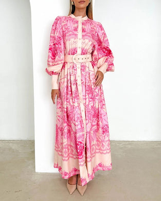 Lantern sleeve button print dress