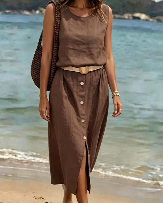 Crew Neck Sleeveless Button Set