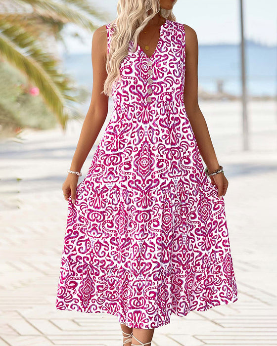 V-Neck Button Sleeveless Dress