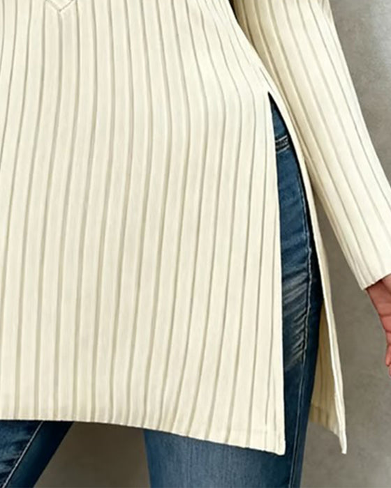 V-Neck Solid Color Striped Top