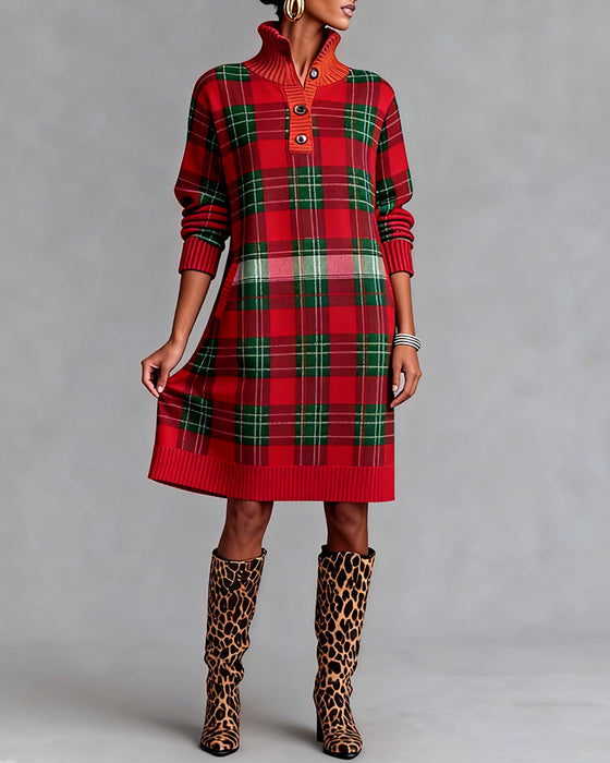 Plaid button-down collar fashion dress