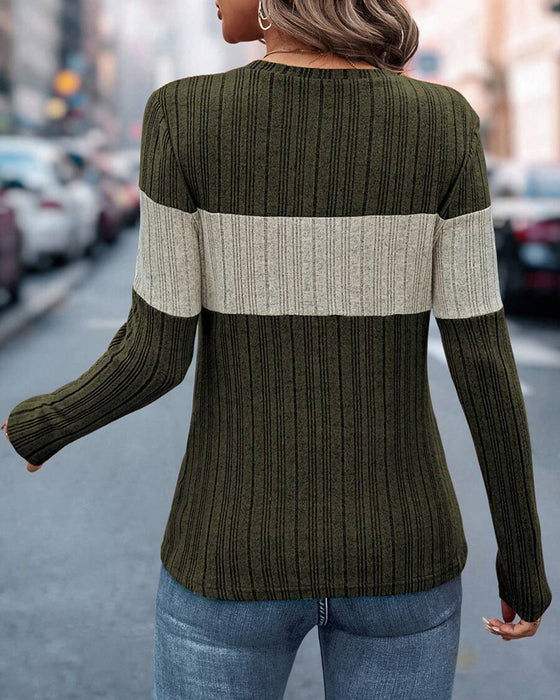 Casual color block printed round neck top