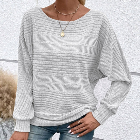 Solid Color Round Neck Long Sleeve Striped Top