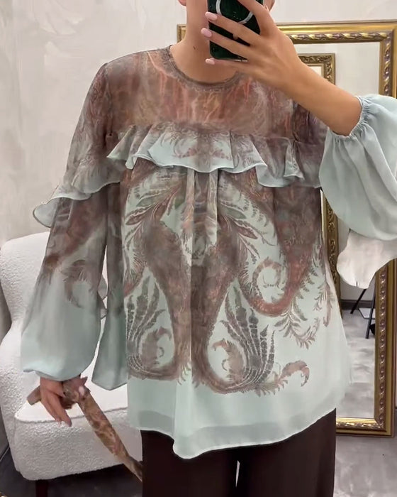 Elegant Printed Ruffled Round Neck Blouse