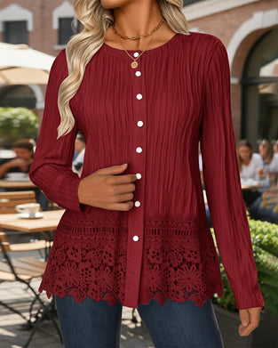 Lace-Trimmed Textured Fashion Blouse