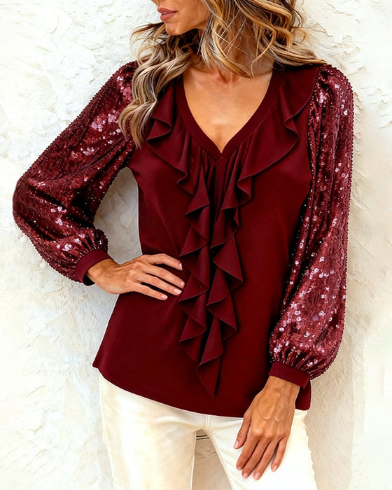 Ruffled V-Neck Sequined Long-Sleeved Top