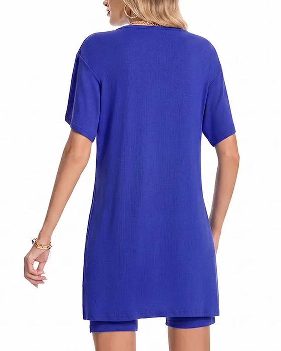 V-Neck Side Split Short Sleeve Set