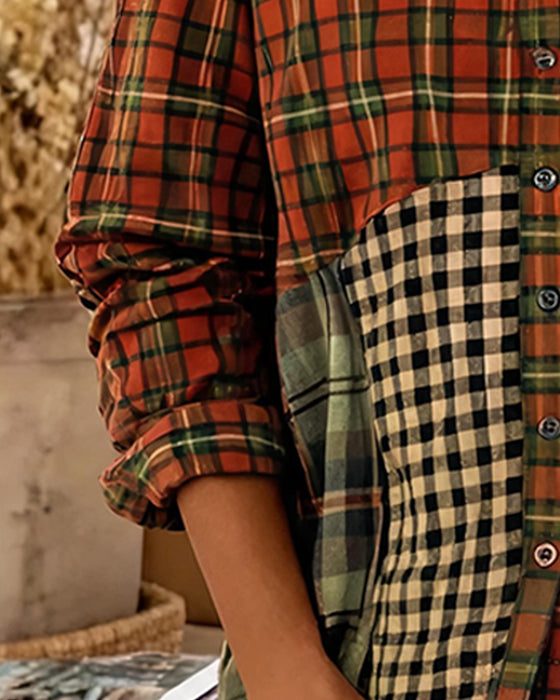 Lapel Color Block Plaid Long Sleeve Shirt