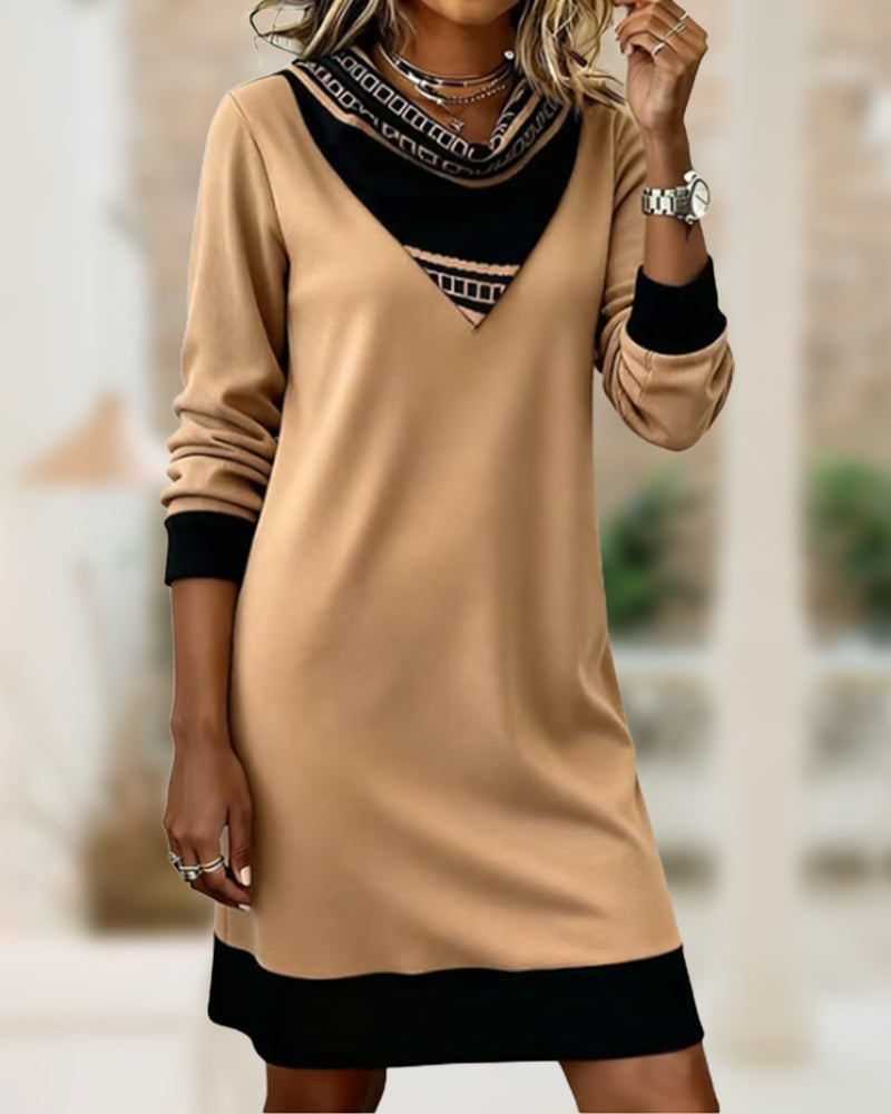 Cowl Neck Color-Block Patchwork Dress