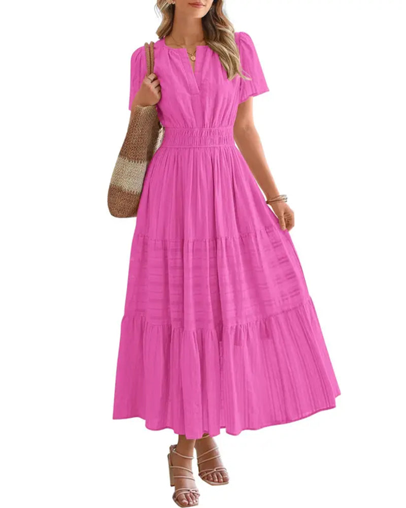 V-Neck Shirred Puff Sleeve Short Sleeve Dress