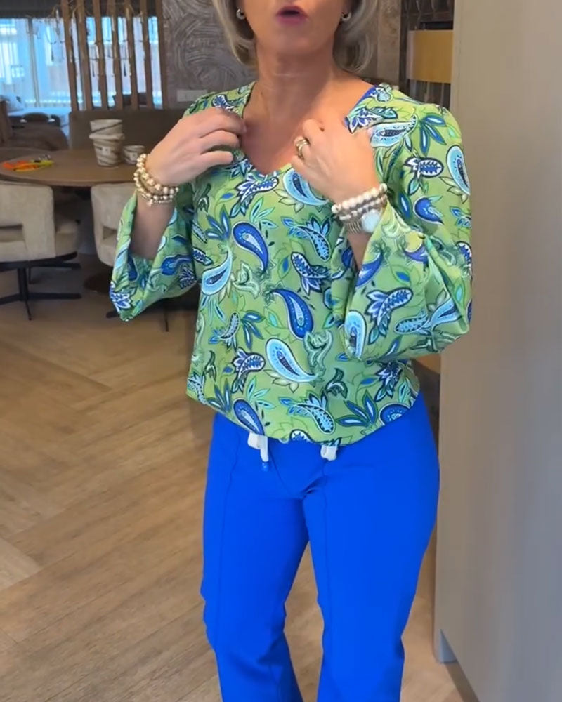 Water Drop Print Long-Sleeved V-Neck Top