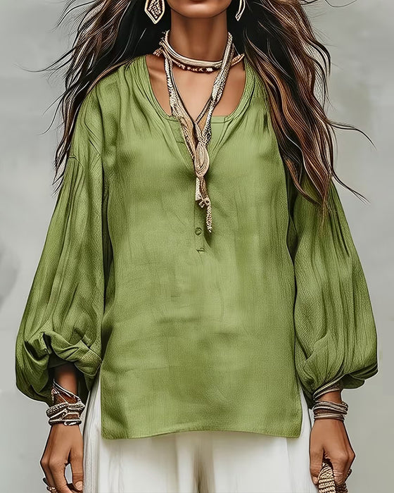 Casual Lantern Sleeve Solid Loose Fit Blouse