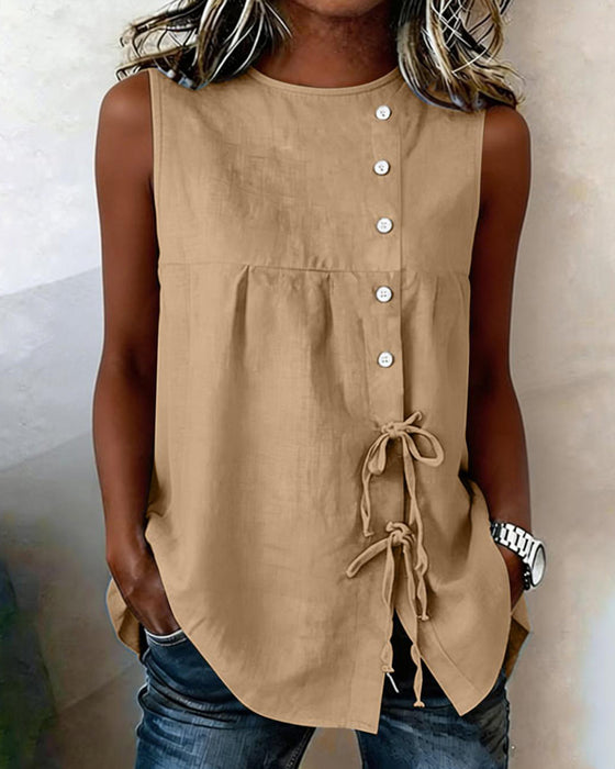 Drawstring Sleeveless Button Blouse