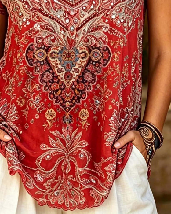 Boho V-Neck Printed Short-Sleeve T-Shirt