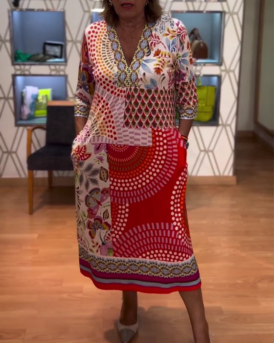 Ethnic Print V-Neck Elbow-Length Sleeve Dress
