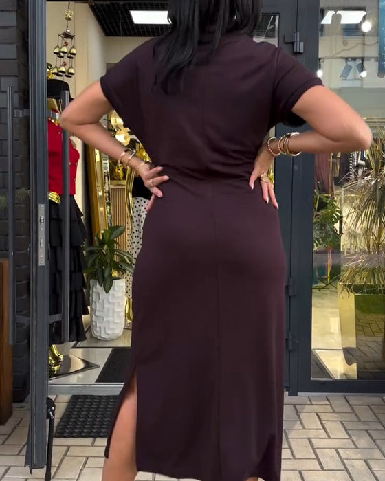 Crew Neck Twist Short Sleeve Solid Dress