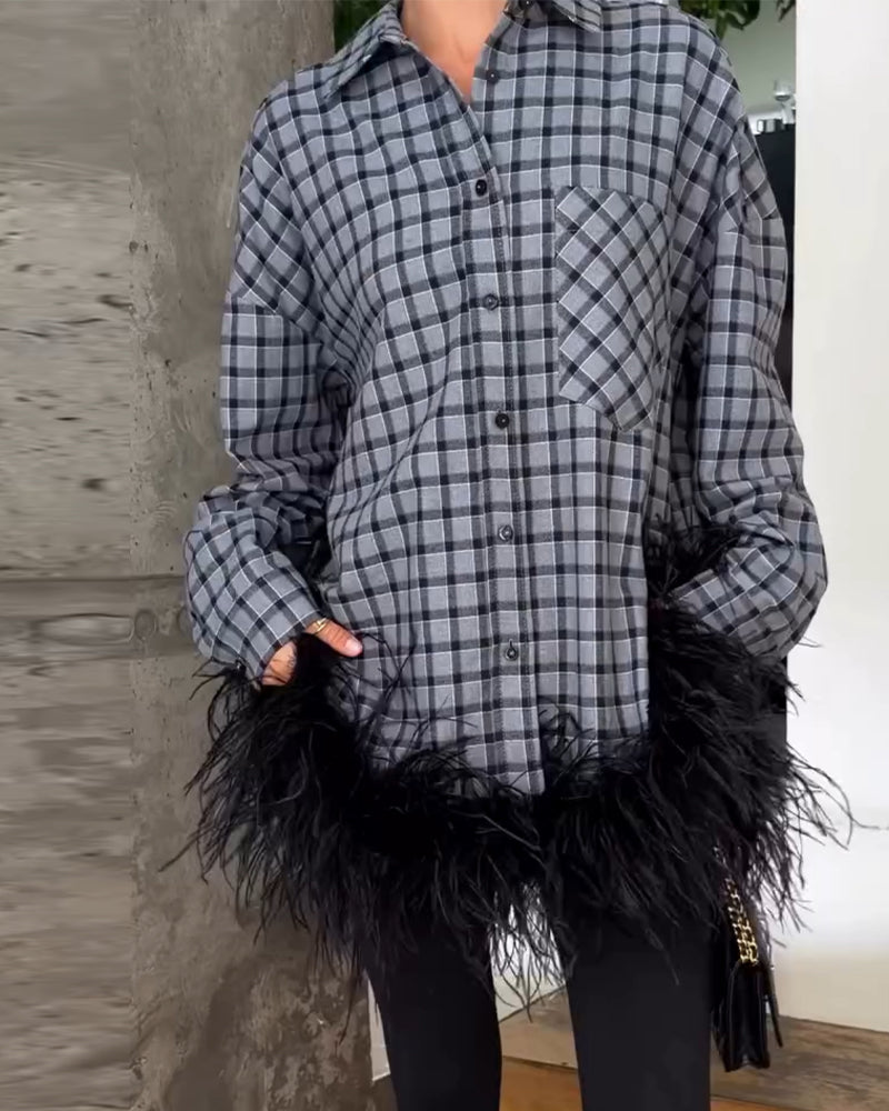 Ostrich Feather Trim Plaid Blouse