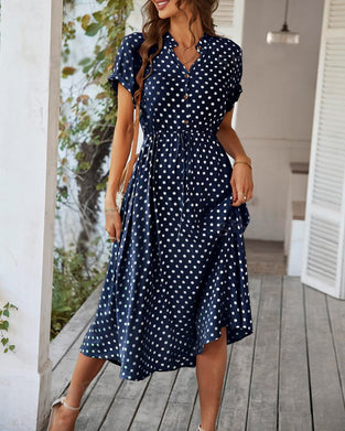 Polka Dot Drawstring Button Dress