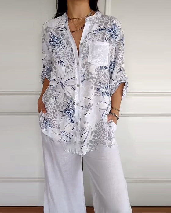 Stand Collar Printed Pocket Shirt