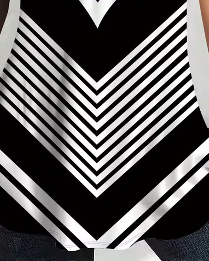 Zipper V-Neck Striped T-Shirt