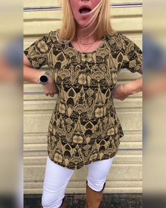 Casual Retro Crew Neck Printed T-Shirt