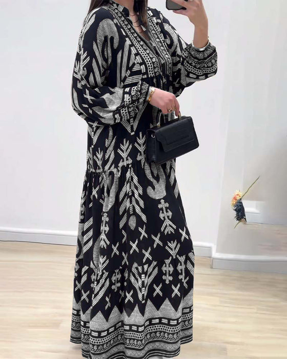 V-neck long-sleeved printed dress