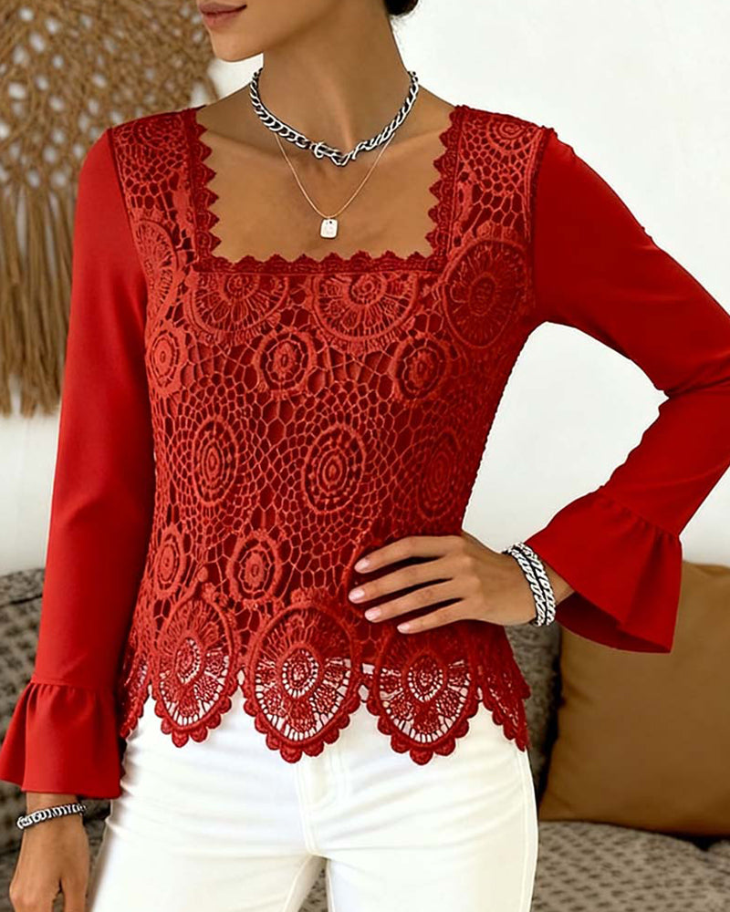 Crocheted Wide-Neck Patchwork Blouse