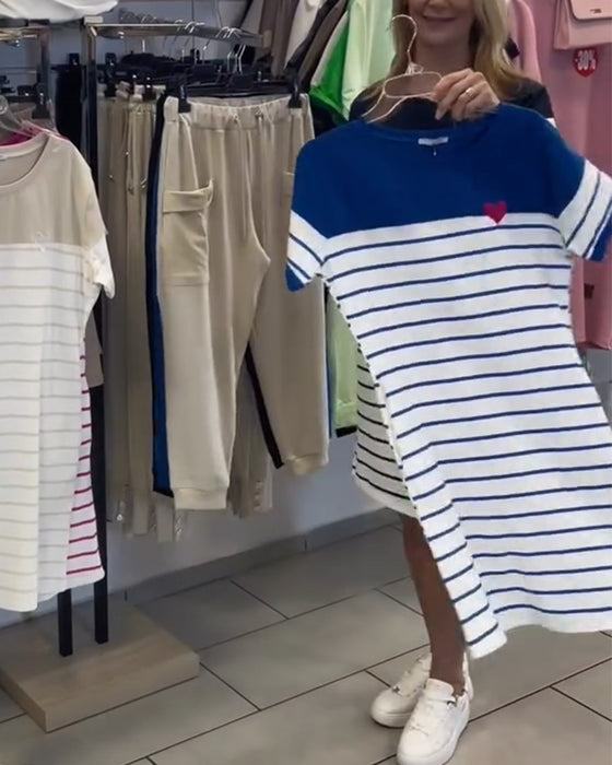 Crew Neck Casual Striped Dress