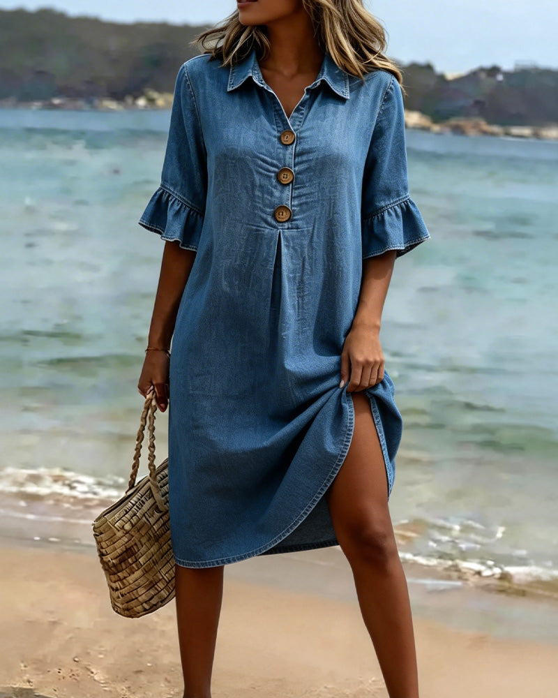 Denim Ruffle-Sleeve Shirt Dress