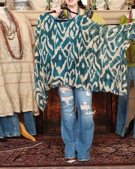 Batwing Sleeve Print Long Sleeve Blouse