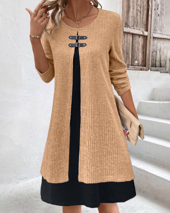 Patchwork rib long sleeve dress