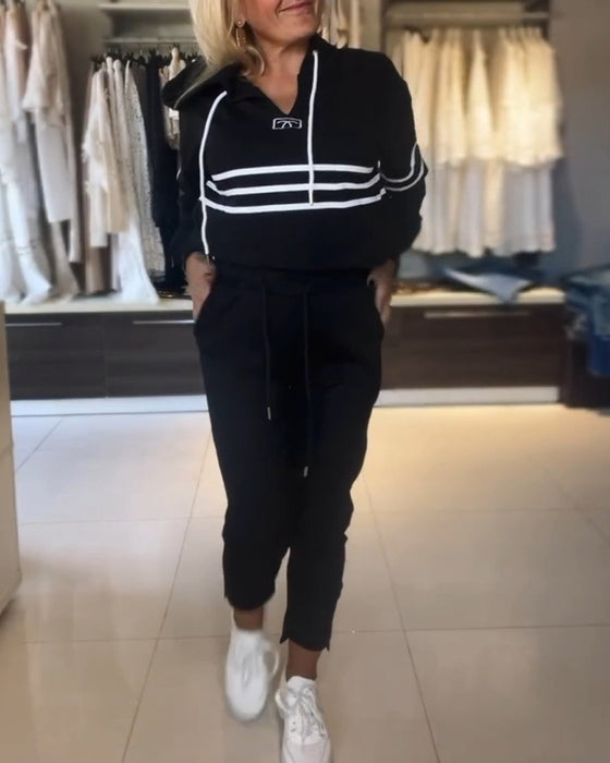 Casual striped print hooded sweatshirt set