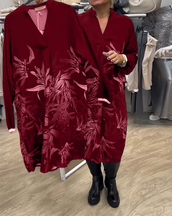 V-Neck Leaf Print Long-Sleeved Dress