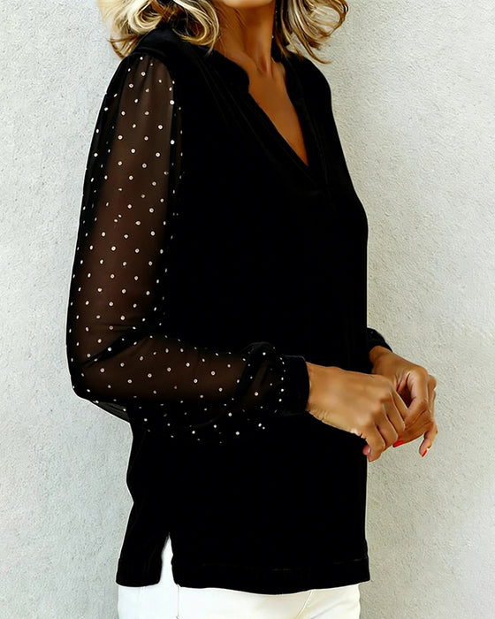 Long-Sleeved Velvet V-Neck Top