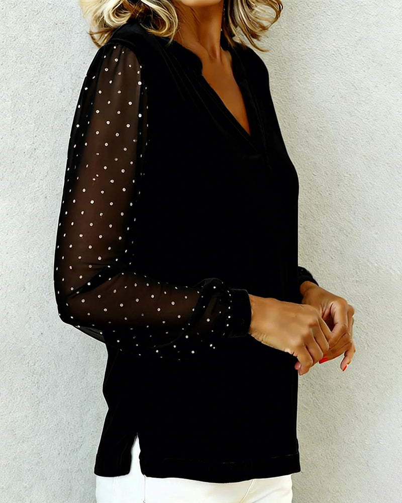 Long-Sleeved Velvet V-Neck Top