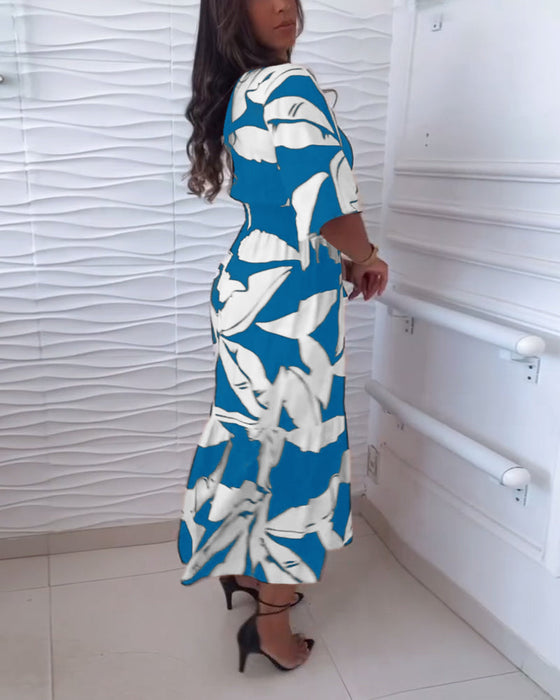 V-neck three-quarter sleeve drawstring elegant dress